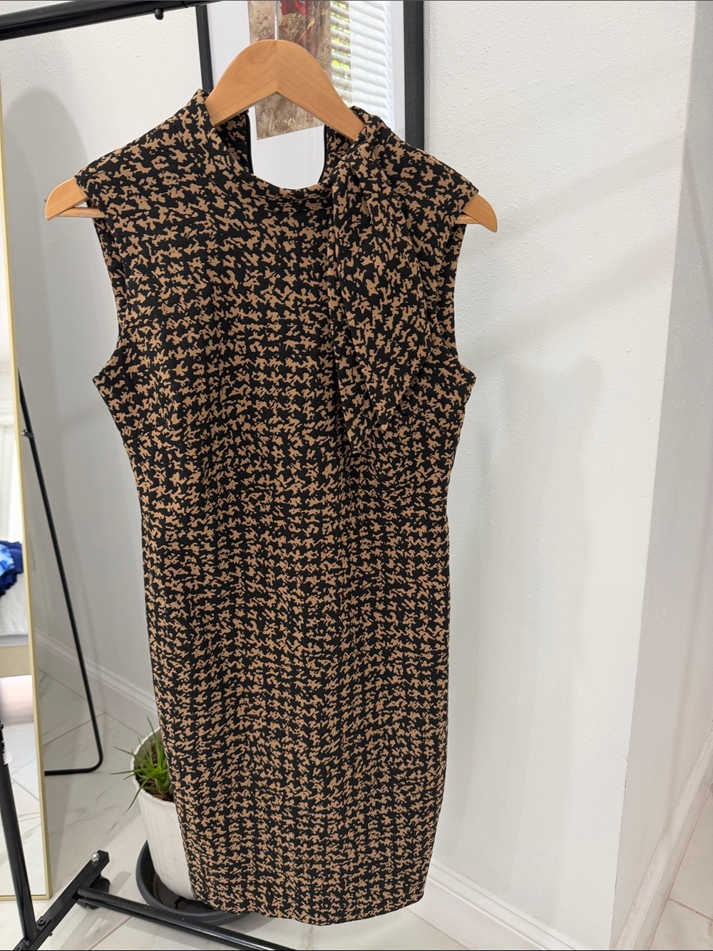 Calvin Klein Black and Tan Houndstooth Sheath Dress